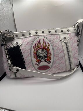 Ed Hardy White and Pink Skull-Embroidered Women’s Shoulder Bag with Tiger Charm